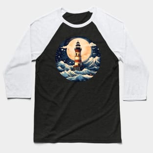 Lighthouse Ocean Waves Full Moon Baseball T-Shirt